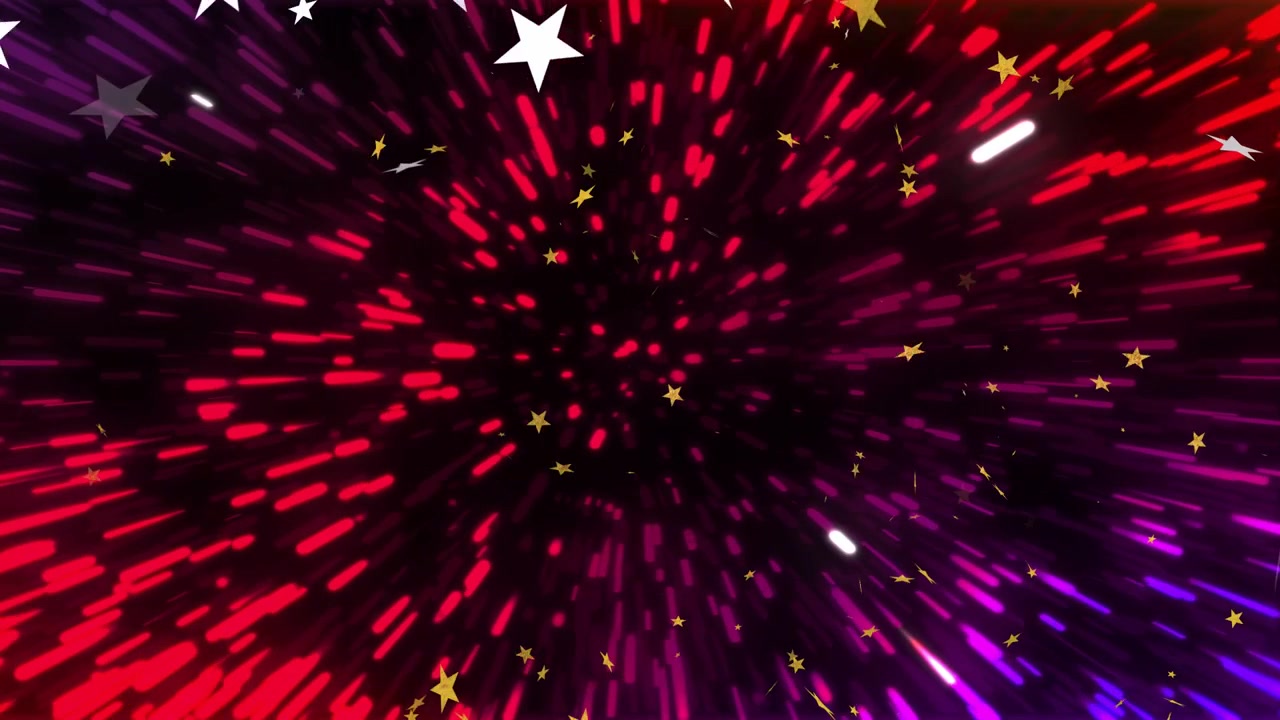 Center brightening, dense vortex elongating magenta-red streaks, gold stars drifting, making warp