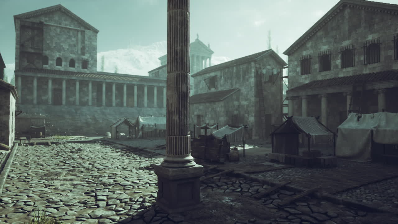 고전 건축물 근처의 돌로 된 길과 텐트가 있는 고대 시장