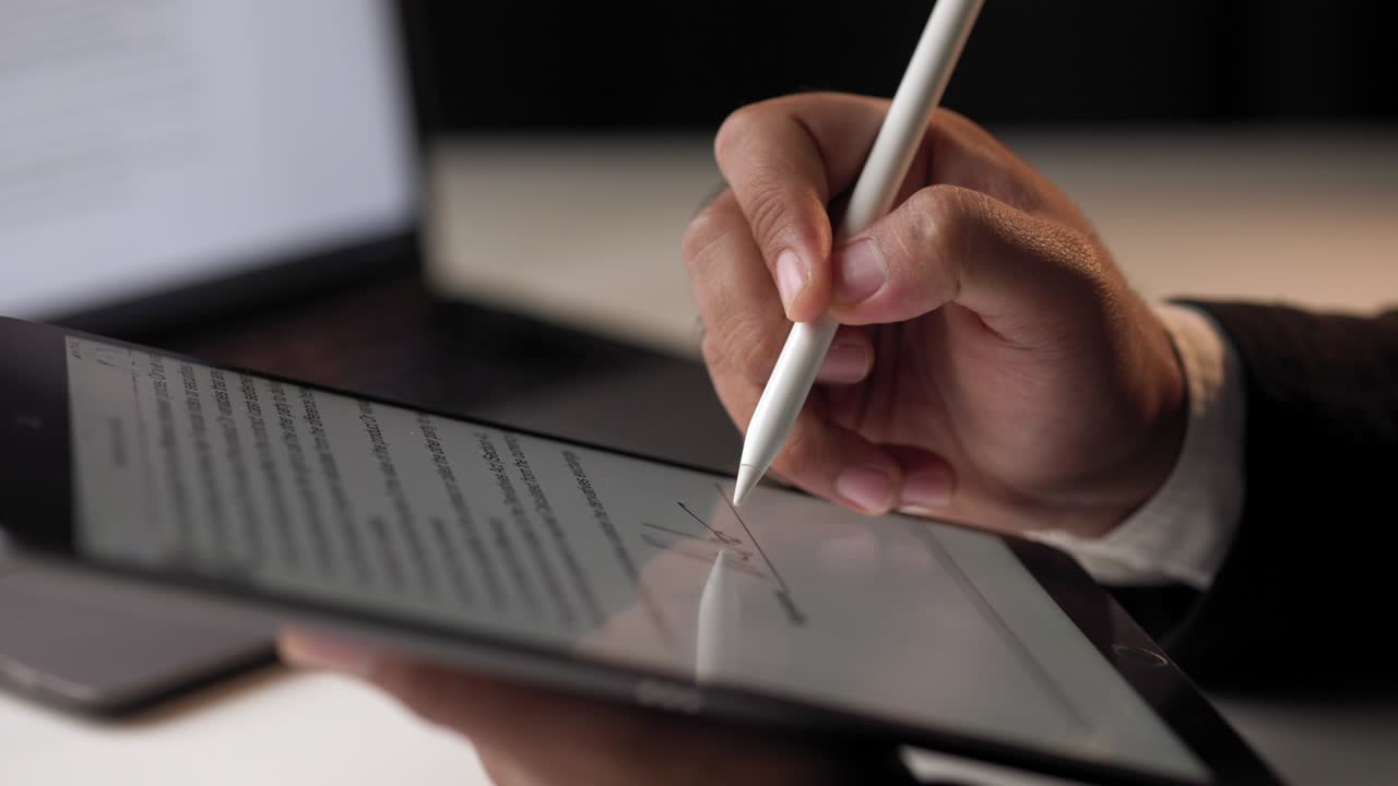 Businessman signing a business contract with stylus pen on tablet at night. Man signing contract on tablet at office. Business and technology concept. Electronic signature concept