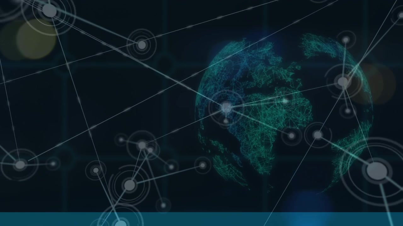 Digital animation of network of connections over spinning globe against black background