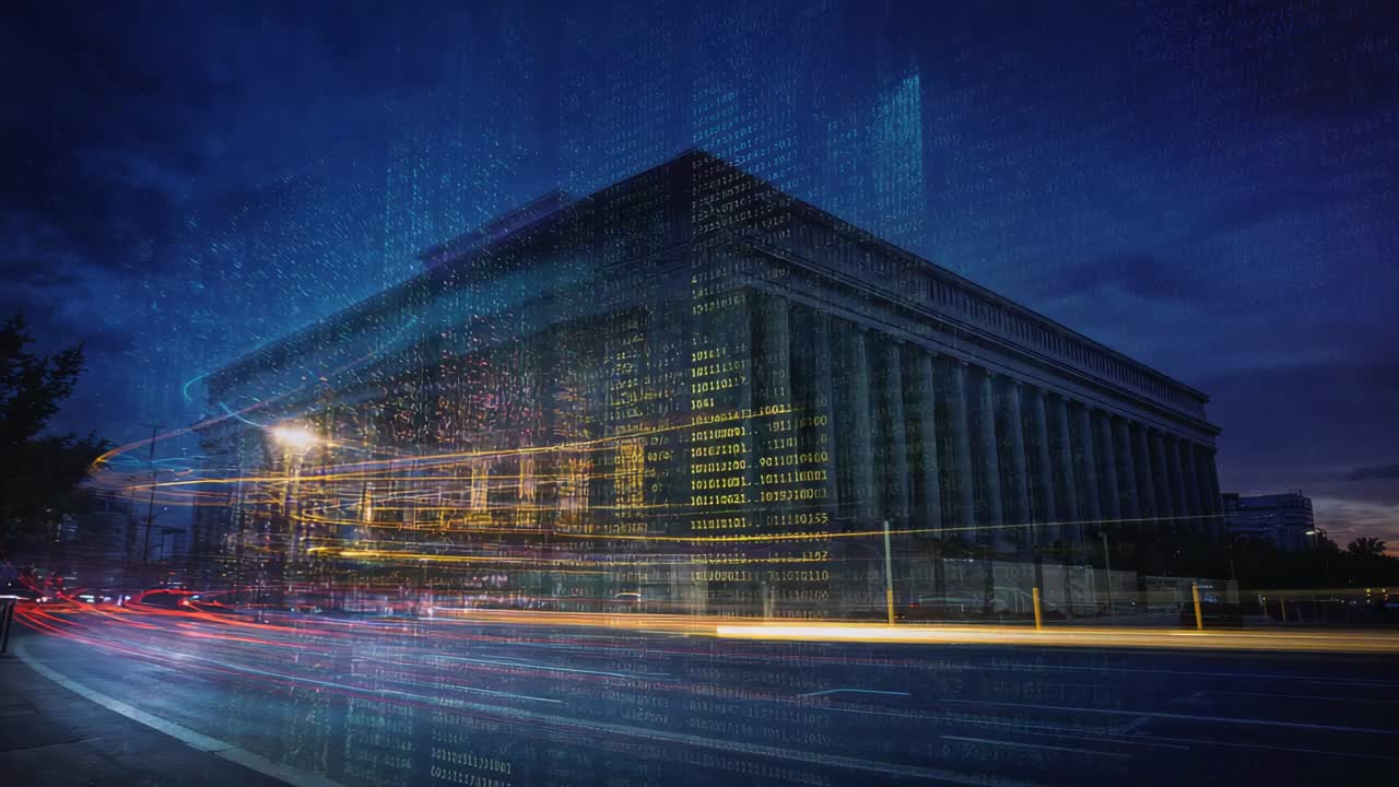 Starting green projection onto civic building at night transforming facade while vehicles streaking