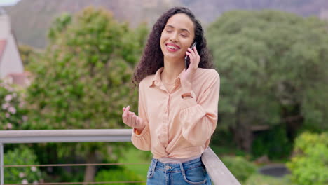 Phone-call,-balcony-and-a-business-woman-talking