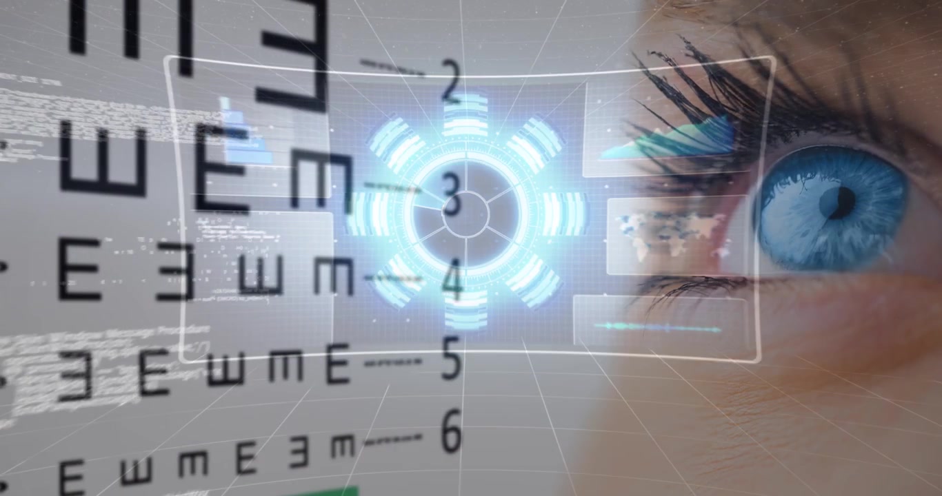 Animation of data processing over eye of caucasian woman