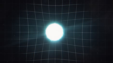 animated diagram illustrating the curvature of space time around a massive blue star