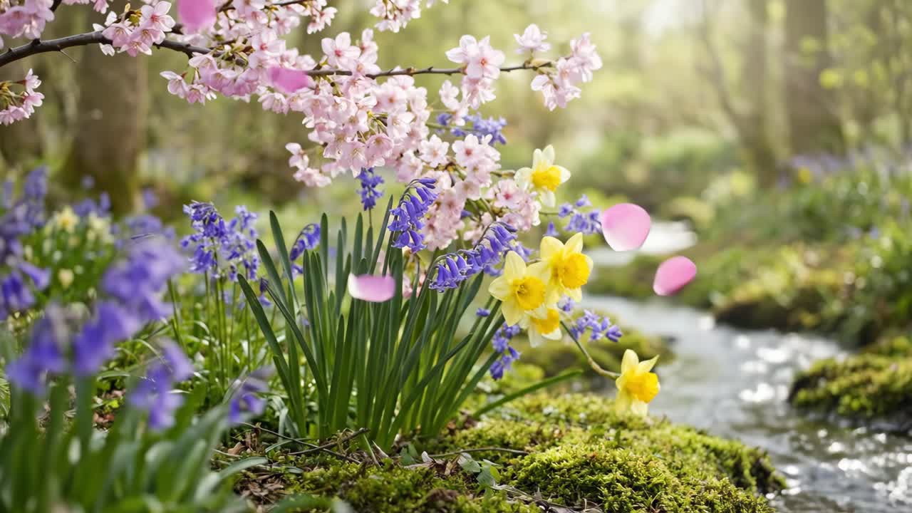 Pétales de cerisier tombant sur des fleurs printanières au bord d’un doux ruisseau