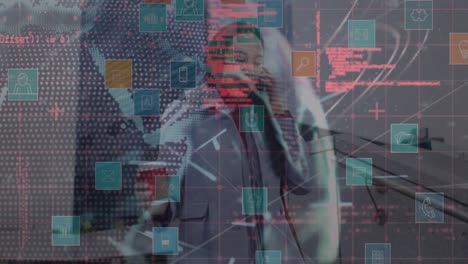 animación de procesamiento de datos e iconos sobre mujer de negocios afroamericana hablando en teléfono inteligente