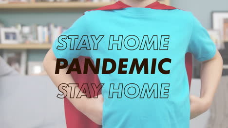 animation of caucasian boy wearing a cape with at home with words stay home and pandemic during co