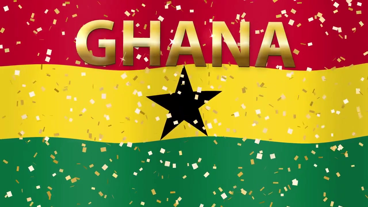 Uno sfondo realistico con la bandiera del Ghana che sventola, con testo dorato e particelle di coriandoli scintillanti.