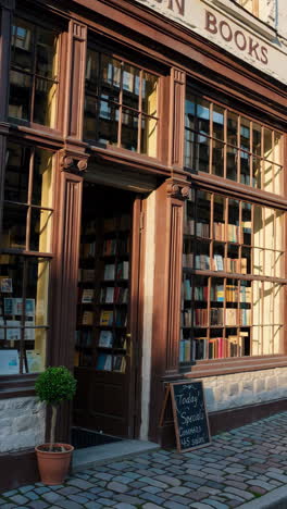 charming bookstore facade with bookshelves and chalkboard