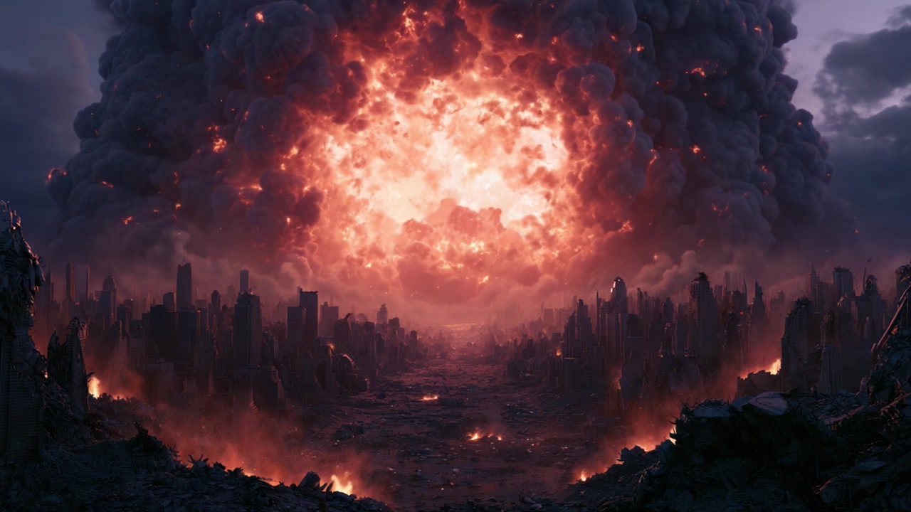 Eine katastrophale Explosion erhellt eine desolate Stadtlandschaft und entfesselt feuriges Chaos und dunkle Wolken in einem dramatischen Ende einer Ära