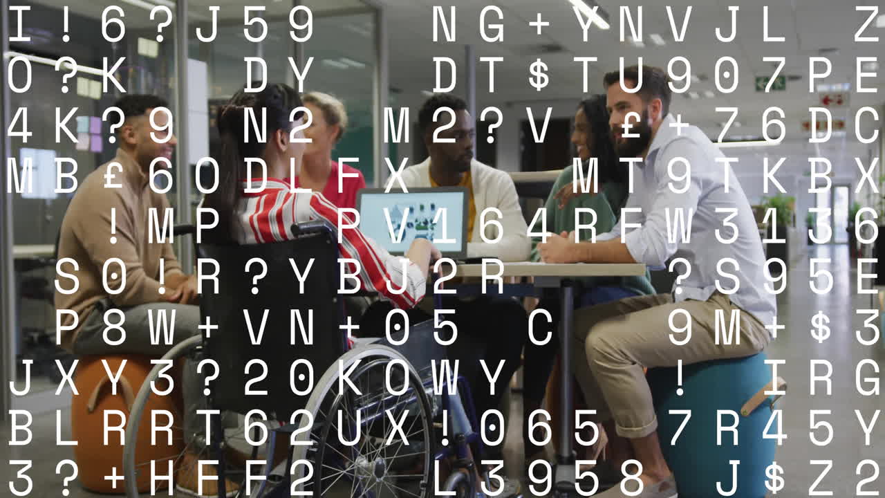 Animation of changing letters and numbers over disabled and diverse colleagues discussing work