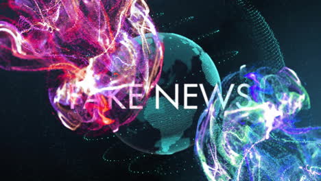 fake news text animation over digital globe with colorful abstract shapes