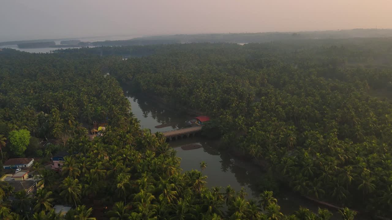 vista aérea de un canal y un puente en un bosque tropical