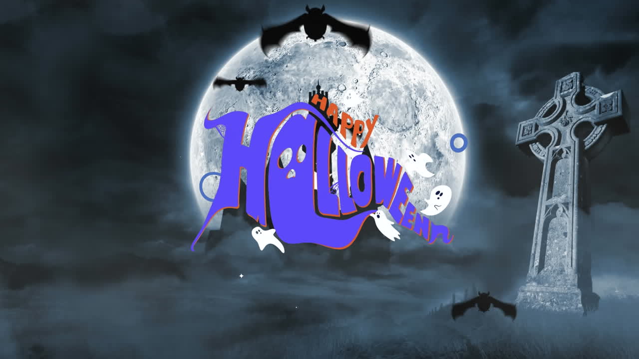 달과 묘지 배경 위에 행복한 할로윈 텍스트의 애니메이션