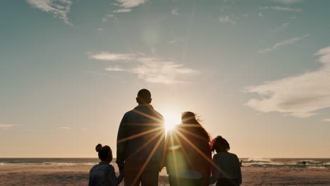 sunset, holding hands and back of family