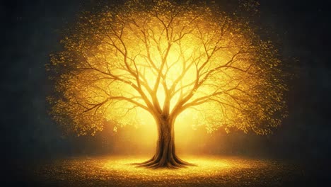 a majestic golden tree illuminates the night with its brilliant glow, creating a stunning visual contrast against the dark surroundings, symbolizing life and nature's beauty