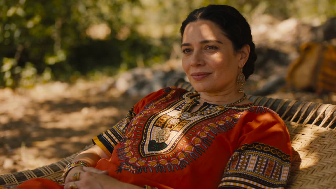 Reacting to dappled sunlight, woman in red tunic shifting gaze while reclining on woven lounge