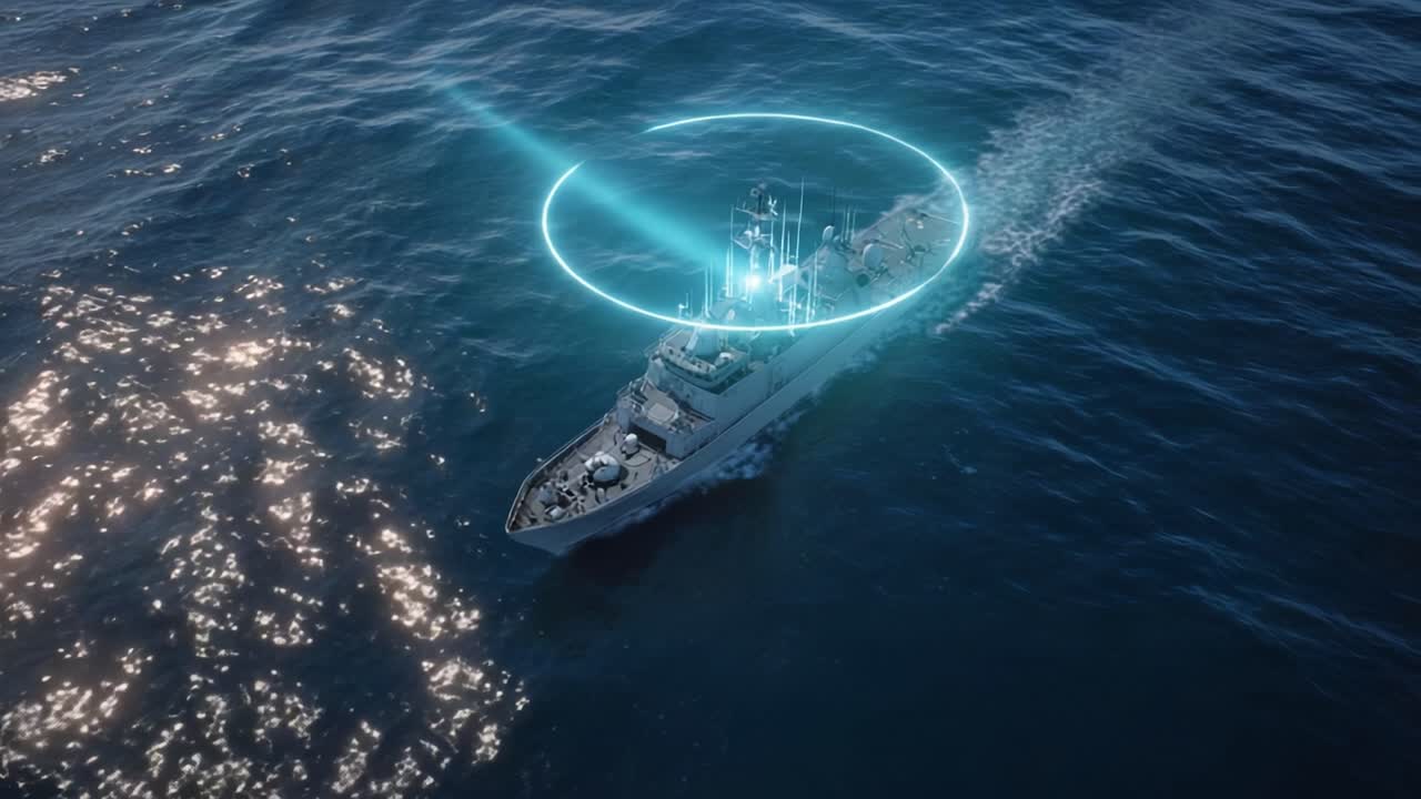 Nave militare moderna naviga su profonde acque oceaniche blu. Cerchi olografici blu luminosi circondano la nave, indicando tecnologia avanzata di scansione o puntamento.