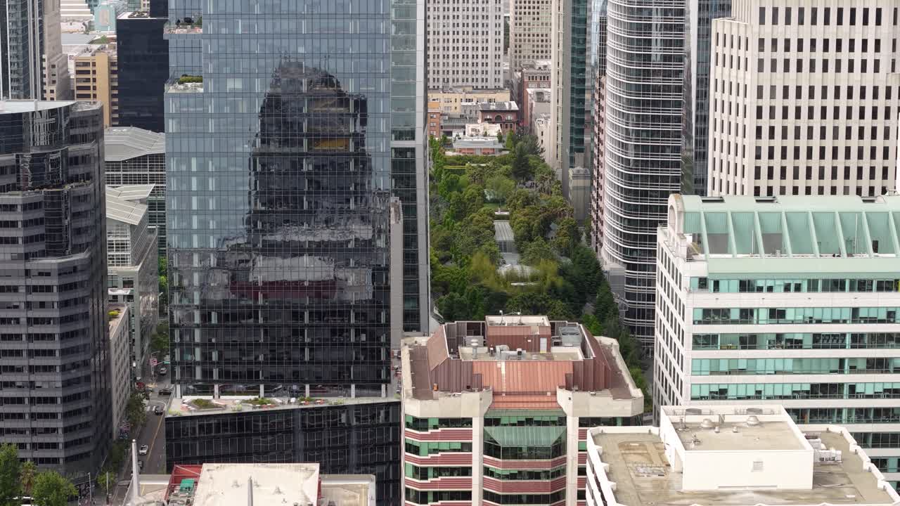 Salesforce Park in Downtown San Francisco USA, Revealing Drone Shot