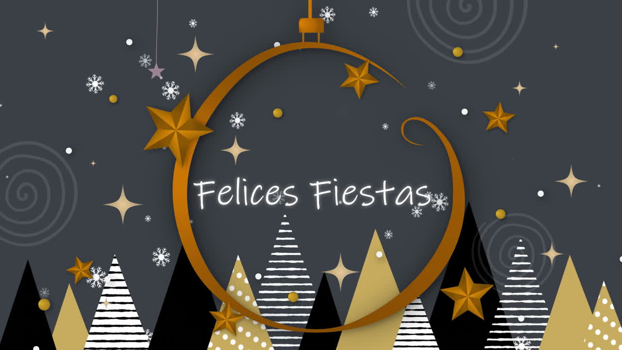 Felices Fiestas text over Christmas trees and stars animation