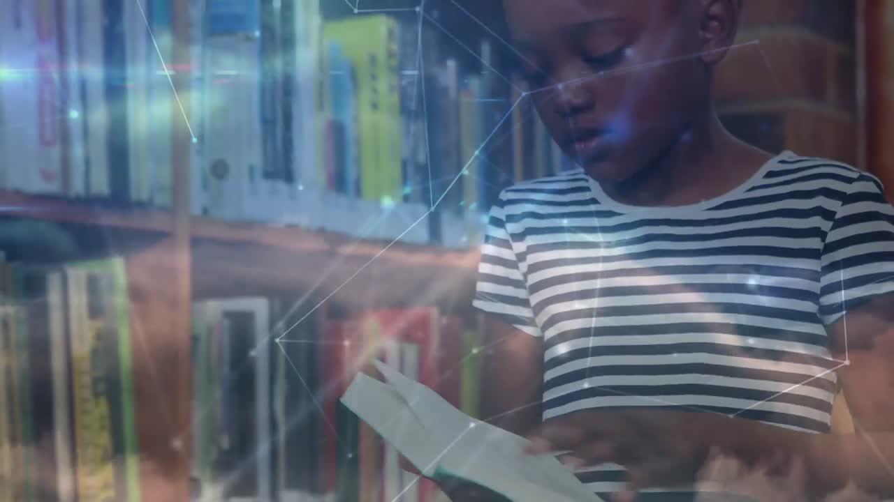 Animation of networks of connections over african american schoolgirl reading book