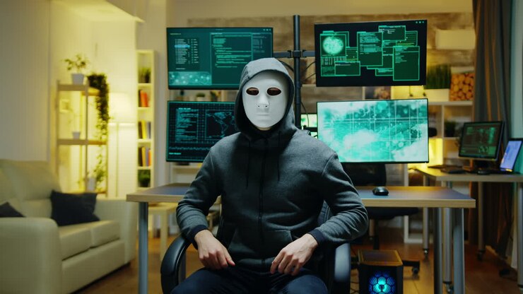 Hacker pericoloso che nasconde la sua identità indossando una maschera bianca