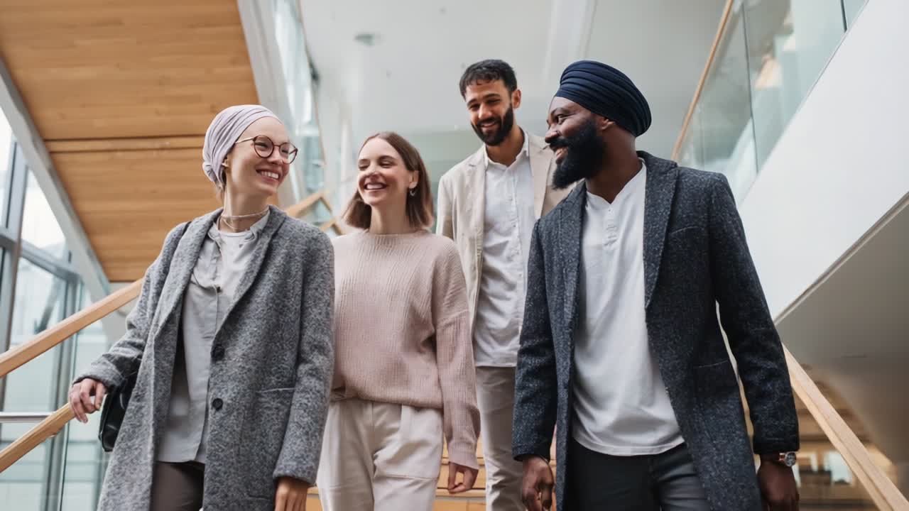 A Group of Four Friends Joyfully Walking Down a Modern Staircase in a Bright, Contemporary Building, Showcasing Diversity and Unity through Their Warm Smiles and Friendly Interactions