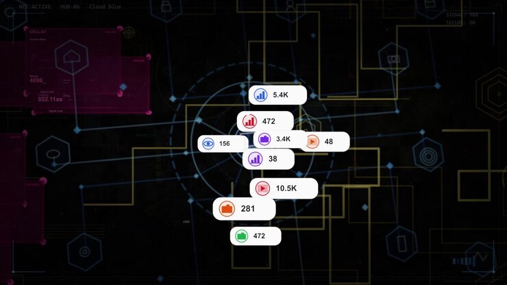 Central hub pulsing, cluster expanding and stacking badges while updating metrics on dashboard