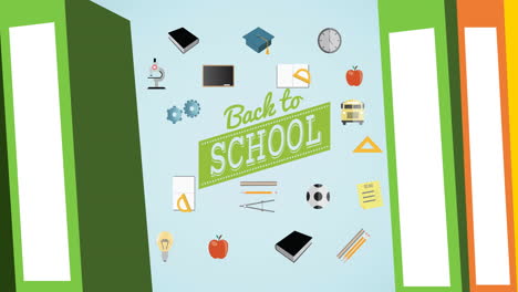 animation of back to school text books and school items icons on blue background