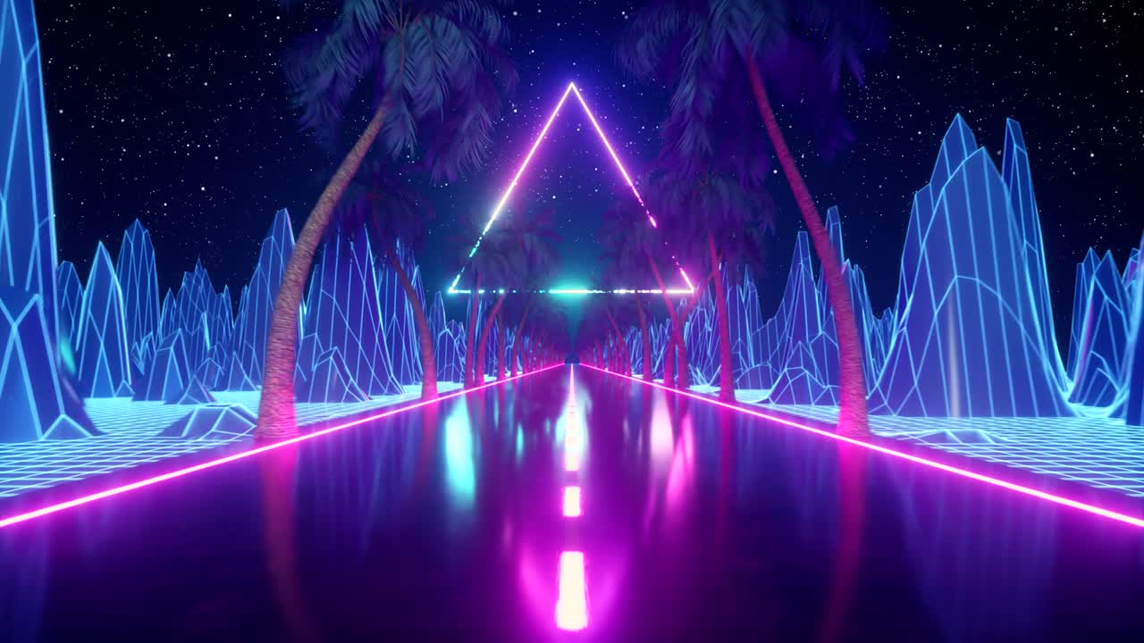 80's abstracto retro fondo futurista. hermosa animación con triángulo de neón ultravioleta luces modernas. estilizado de onda retro. volando en el espacio con partículas y palmeras