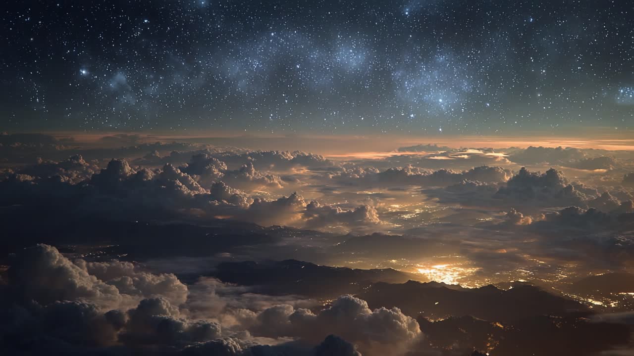 A Stunning Cosmic Overlook: Captivating Views of Stars and Clouds Under a Night Sky Transitioning from Dusk to Dawn