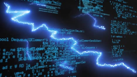 animation of glowing blue lightning flashes over information processing on dark screen