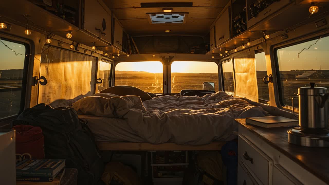 Cozy Van Interior at Sunset: A Serene Retreat with Warm Lighting and Soft Bedding, Perfect for Camping Adventures and Road Trips in Nature's Embrace