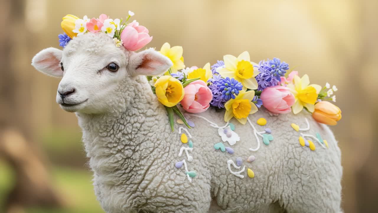 A Beautifully Adorned Lamb with Colorful Flower Crown Displaying Easter Spirit in a Serene Nature Setting Captured in Delightful Frames