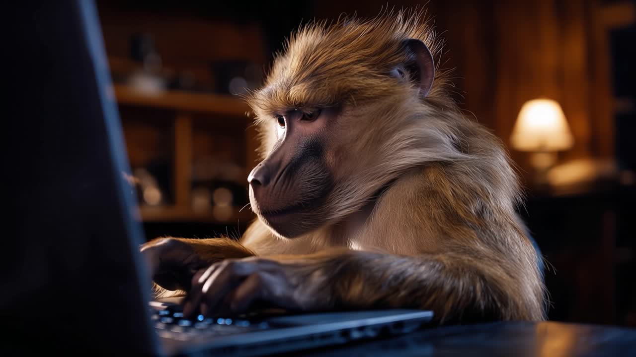 Bavian sidder ved en bærbar computer, fokuseret og intens. Dens fingre bevæger sig hurtigt over tastaturet med et formål. Varmt lys gløder blødt bag den, hvilket kaster et roligt skær.
