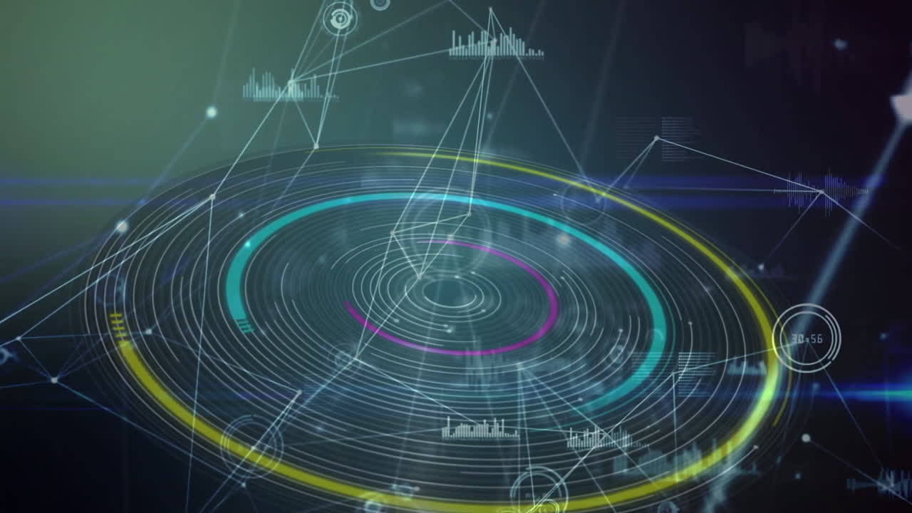 Animation of futuristic circular graphs and data visualization in digital interface