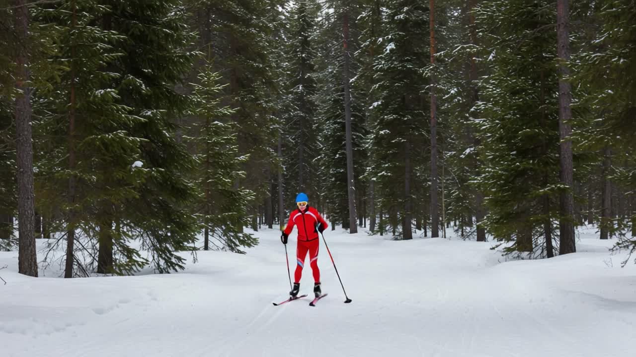 Sciatore di fondo in una foresta invernale innevata.