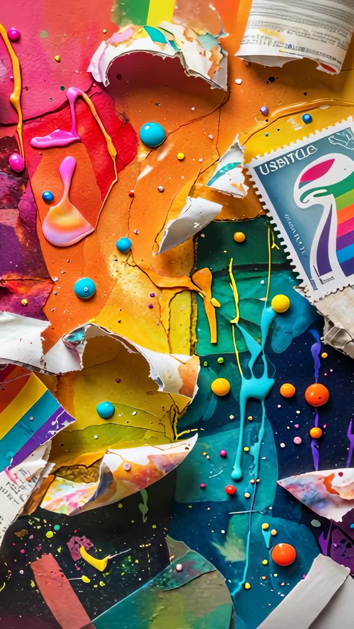 Vertical video: Start camera panning over studio desk revealing neon drips and rainbow paper strips