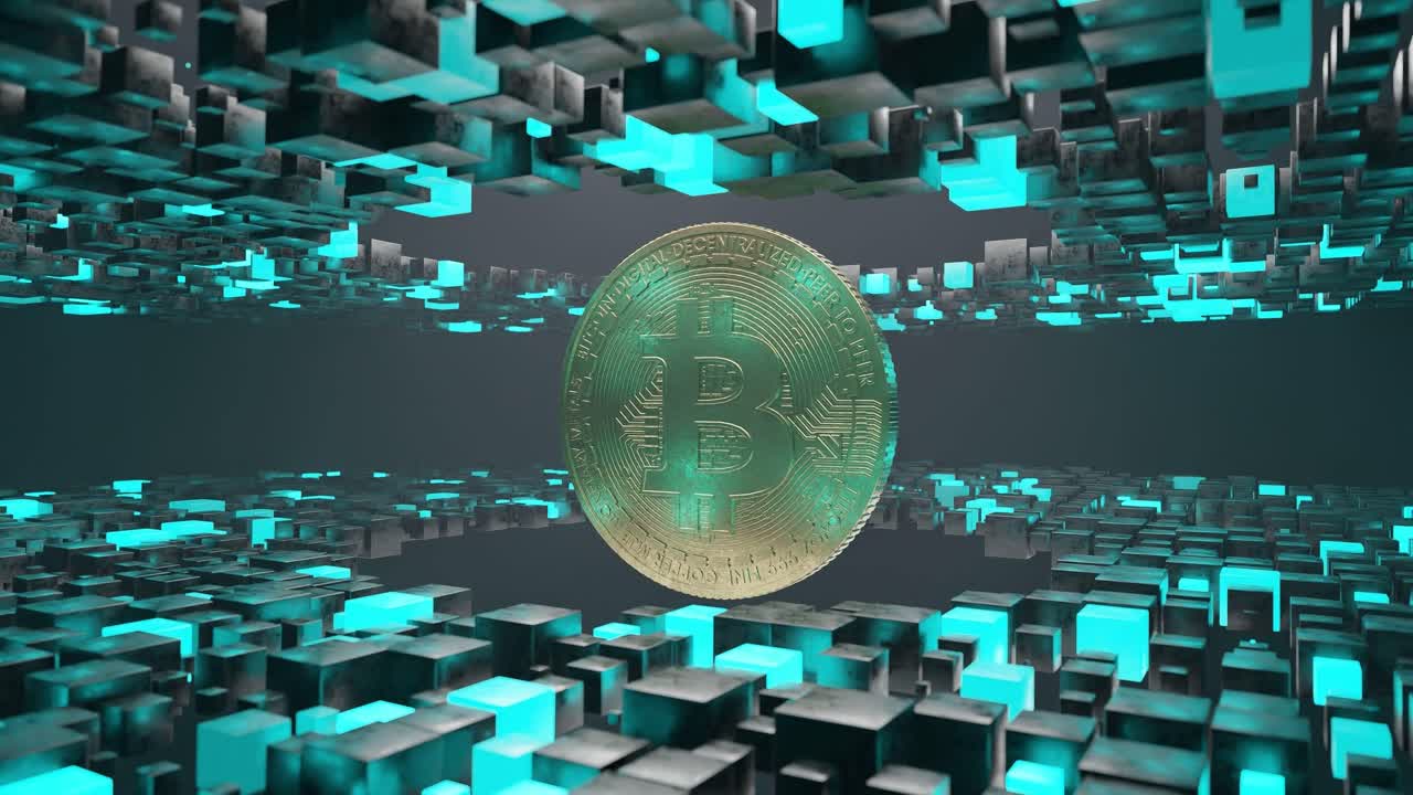 Bitcoin coin floating inside abstract tunnel of black and blue cubic blocks. 3D digital cryptocurrency symbol. Blockchain and virtual currency concept.