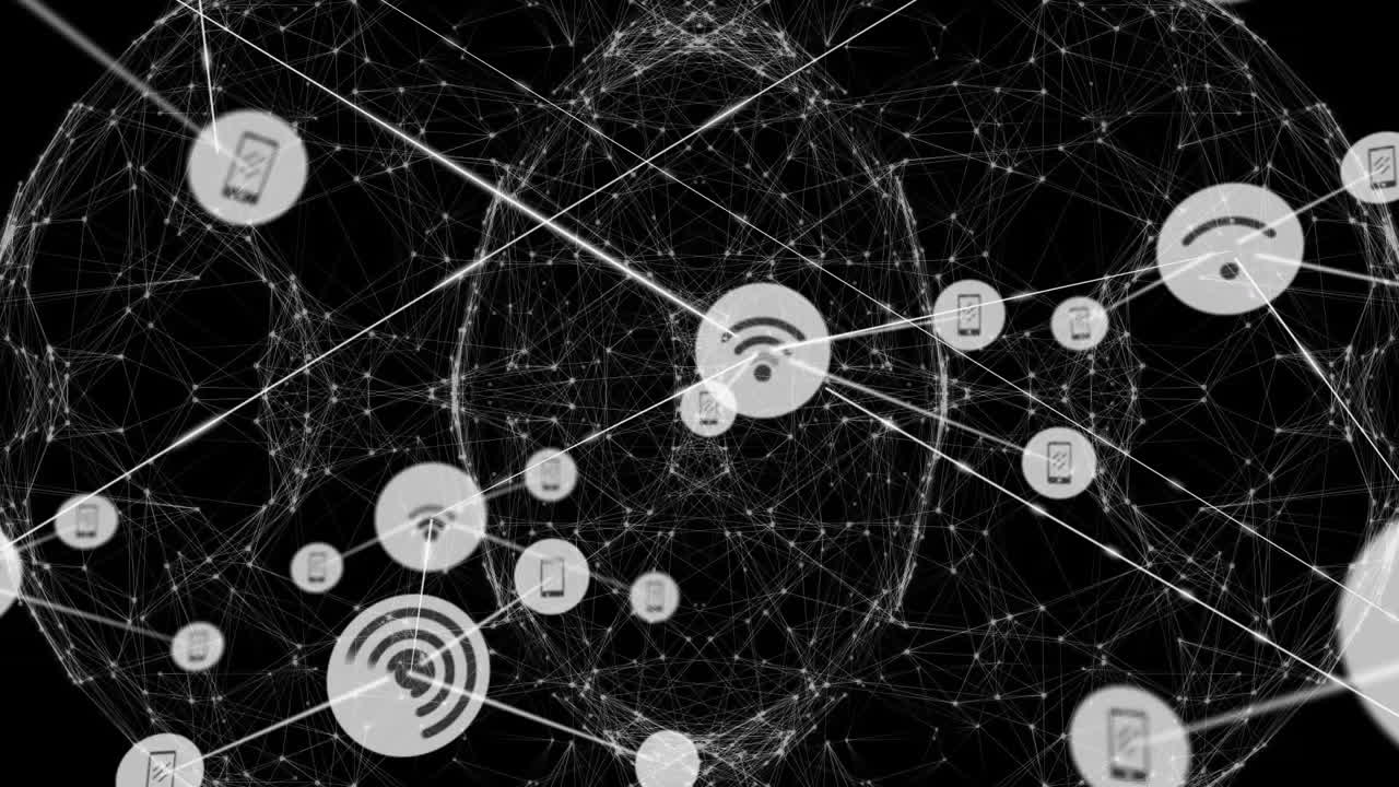 검은색 배경에 아이콘을 가진 연결 네트워크의 애니메이션