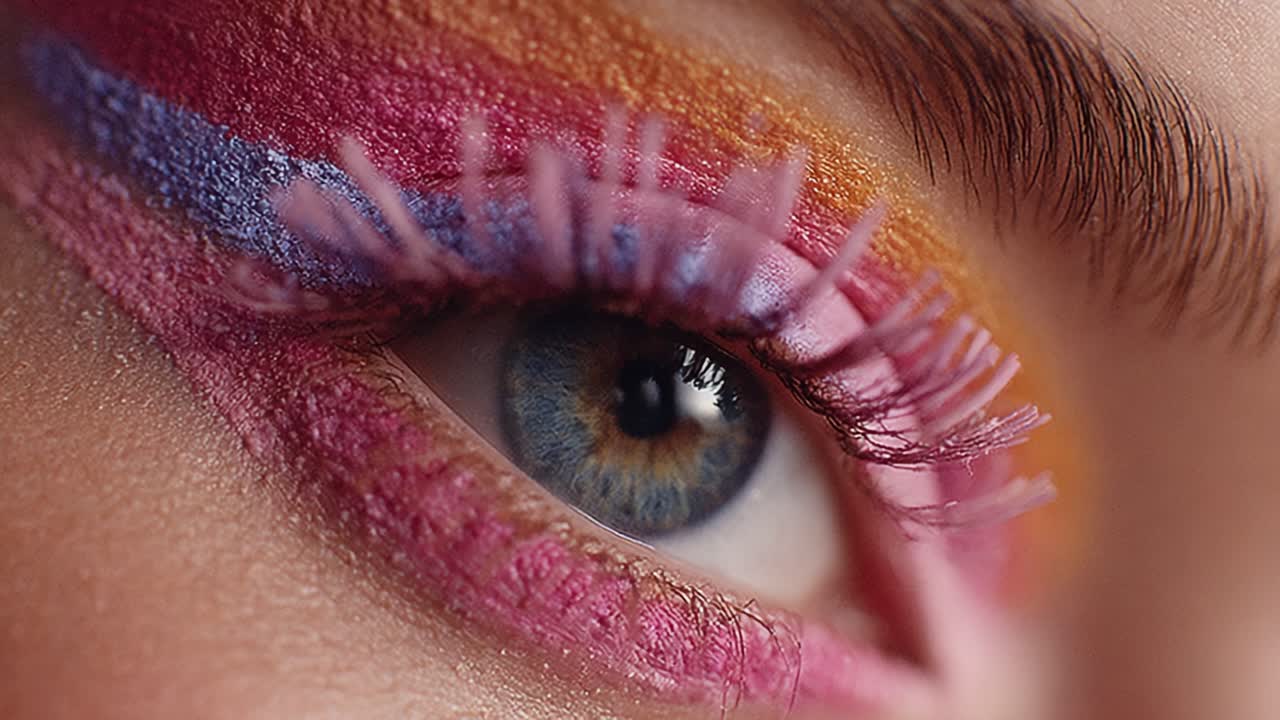 A Stunning Close-Up of a Colorful Eye Makeup Design Featuring Vibrant Hues, Intricate Lash Details, and Mesmerizing Eye Features Captured in High Definition