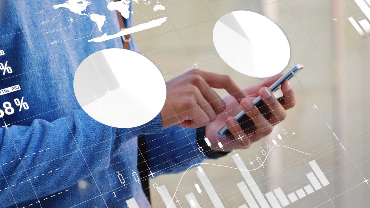 animación del procesamiento de datos estadísticos contra la sección media del hombre que usa un teléfono inteligente