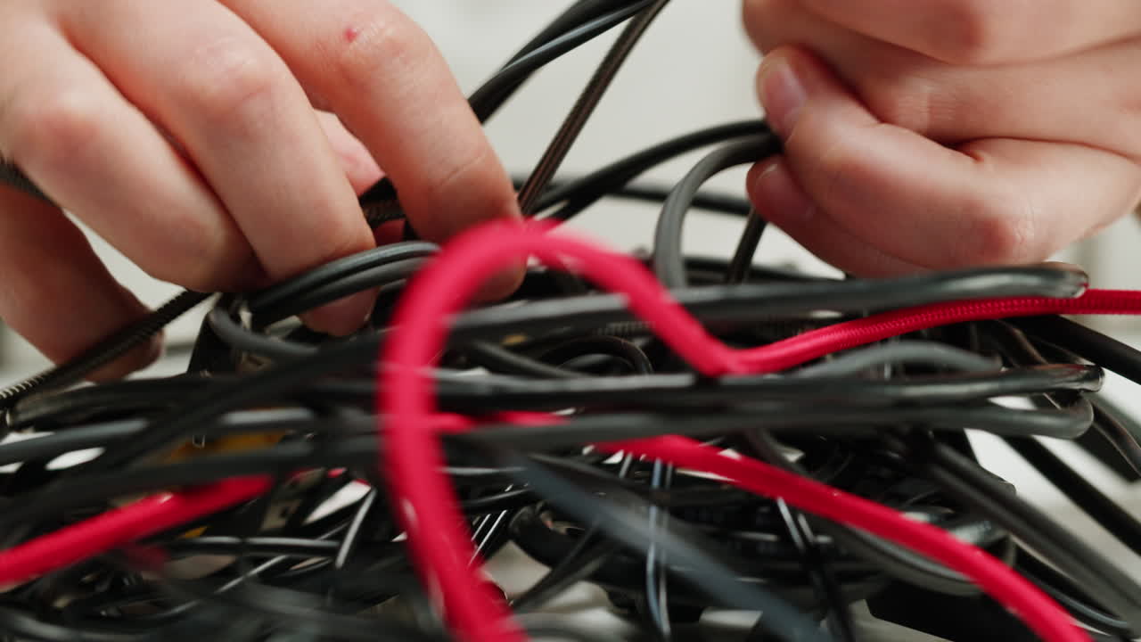 Hands Untangling a Mess of Cables