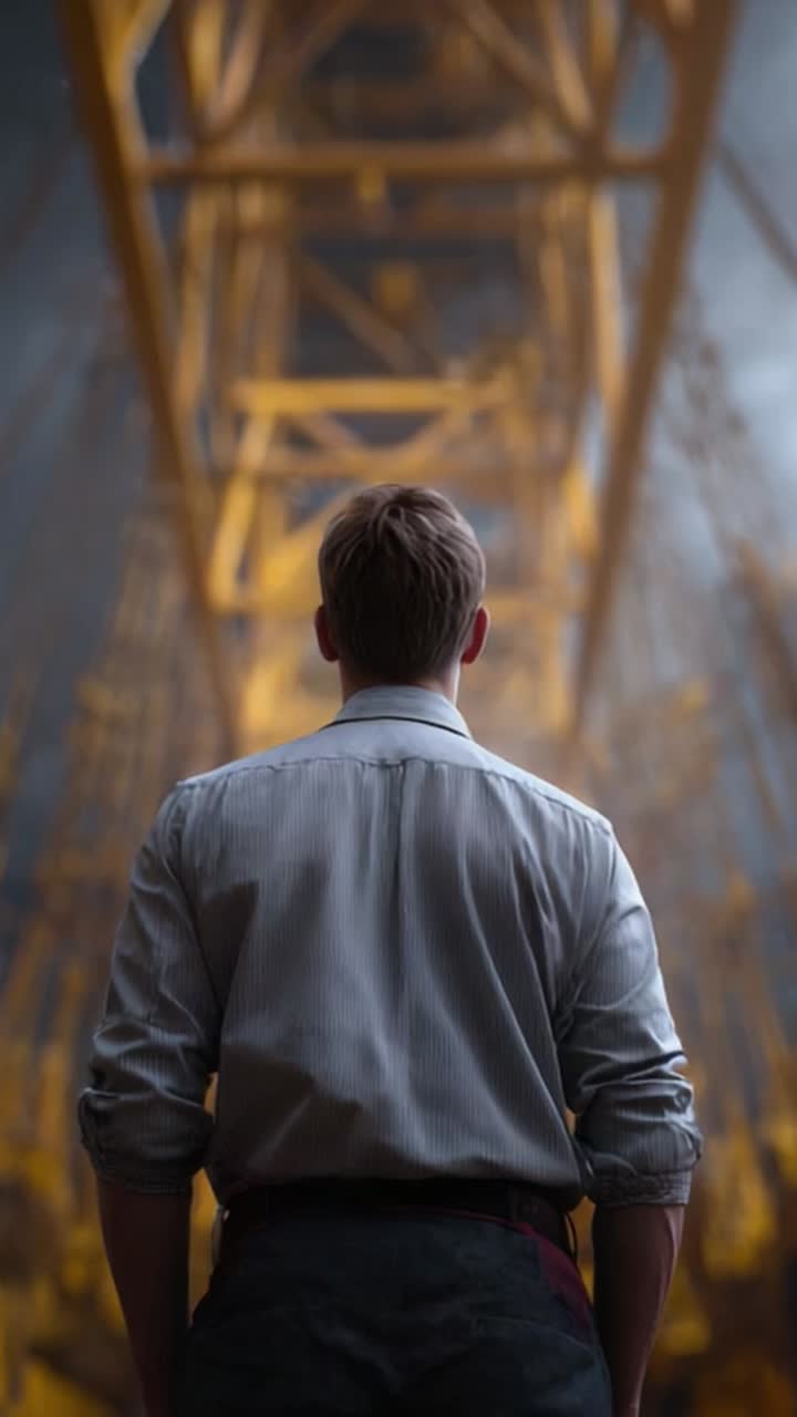 A Pensive Figure Stands Before a Towering Yellow Structure, Embodying Determination and Contemplation amid a Dramatic Backdrop of Shadows and Light