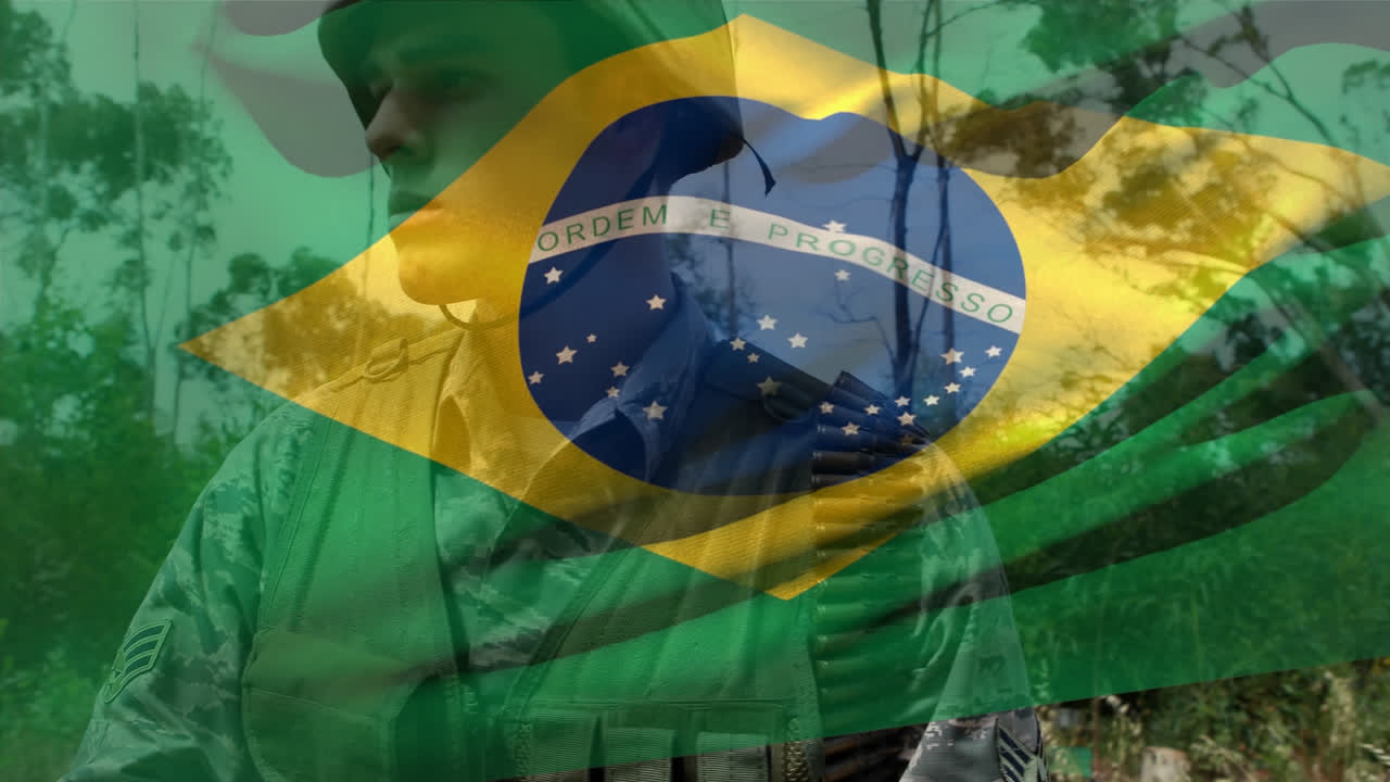 animación de la bandera de brasil sobre el soldado caucásico