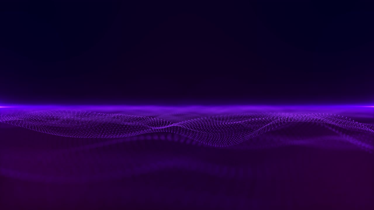 Onde dinamiche e fluide formate da punti viola luminosi su una superficie digitale, con temi futuristici.