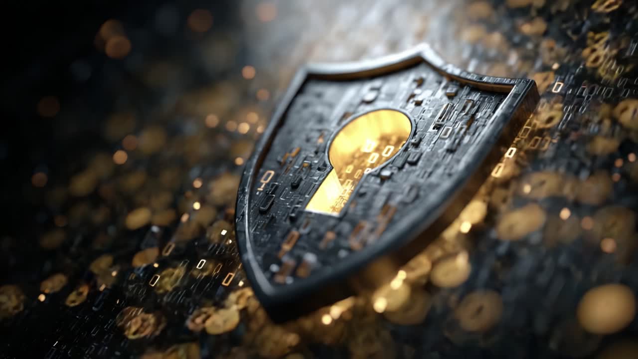 A Metallic Shield with an Intricate Keyhole Design Surrounded by Binary Code, Symbolizing Cybersecurity and Digital Defense Mechanisms in a Modern Technological Landscape