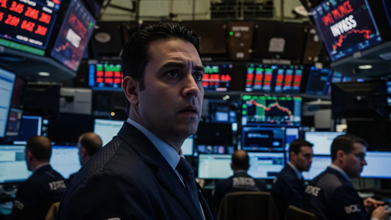A focused trader amidst the bustling financial trading floor, closely monitoring screen displays filled with market data, charts, and real-time trading activity