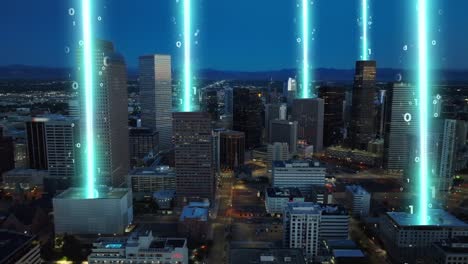 modern city skyline at dawn with animated, glowing lines connecting to satellites