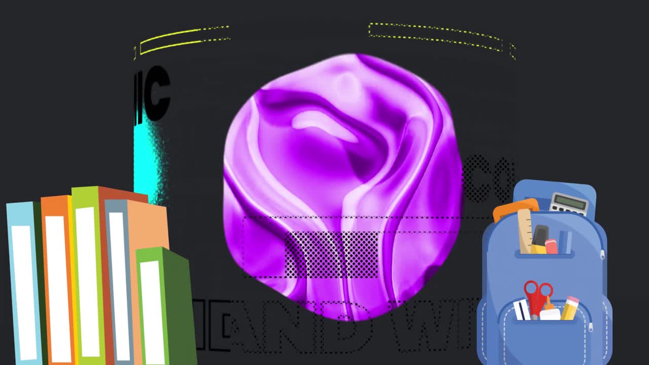 animación de iconos escolares sobre textos de pandemia y formas púrpuras sobre fondo negro.